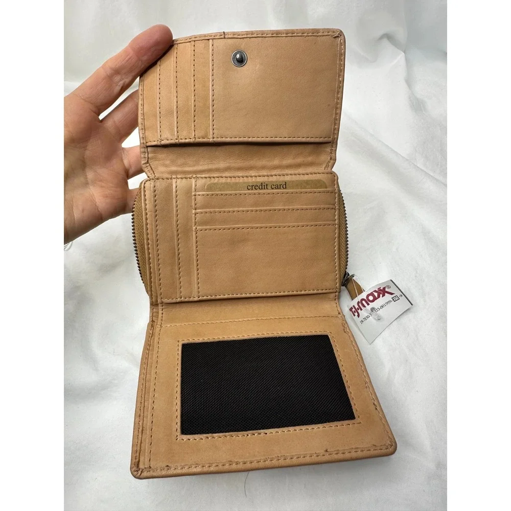 New Harbour 2nd Tan Leather Wallet Zip Around Weave Tri Fold‎ Multi Pocket